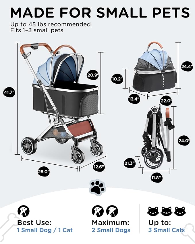 GTPLAYER Pet Stroller for Small Dogs & Cats, 3-in-1 Foldable Pet Stroller with Detachable Carrier, 360° Swivel Front Wheels & Rear Brakes, Up to 45 lbs, Light Blue