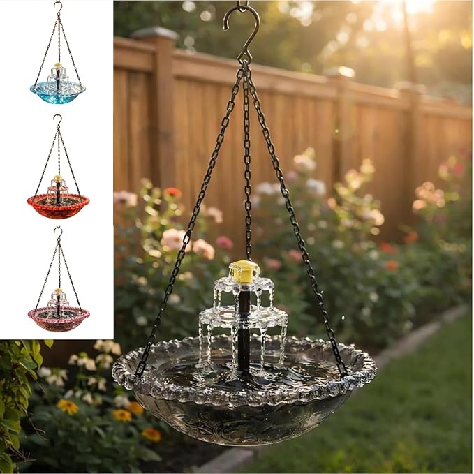 2026 Solar Cascade Hanging Bird Bath Fountain - 3 Layers Outdoor Water Feature for Hummingbirds, Easy-Clean 9.3" Glass Basin with Solar Powered Pump, Attract Wild Birds to Garden, Patio (Gray)