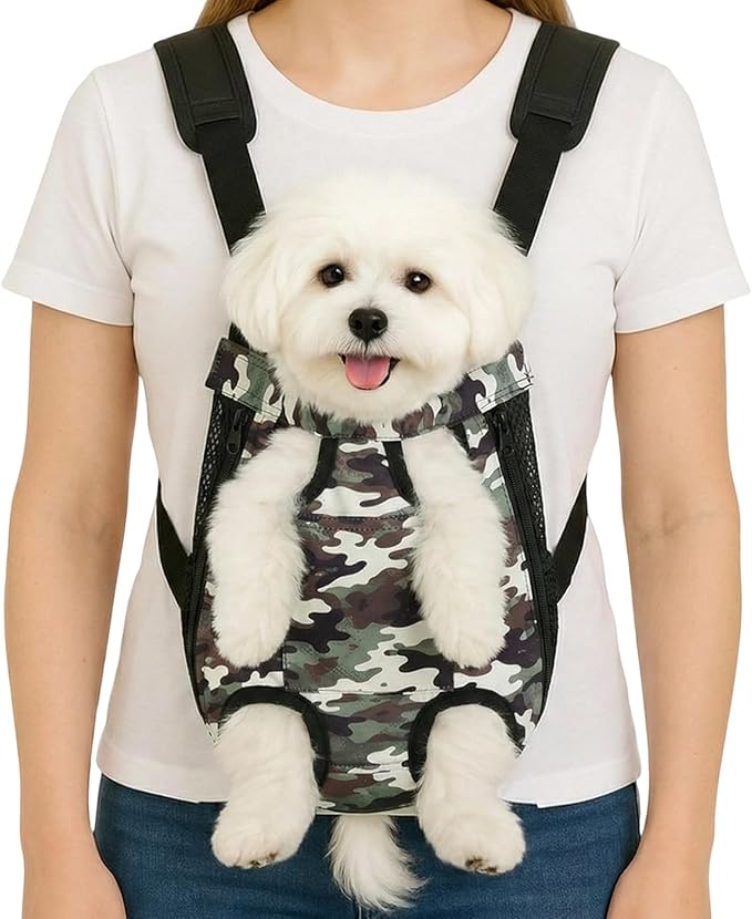 Dog Backpack Carrier, Front Pocket for Essentials, Pet Sling Front Backpacks for Small Medium Dogs 7-11 Lbs, Legs Out, Adjustable Wearable Puppy Chest Travel Bag, Easy-Fit for Hiking/Walking/Camping