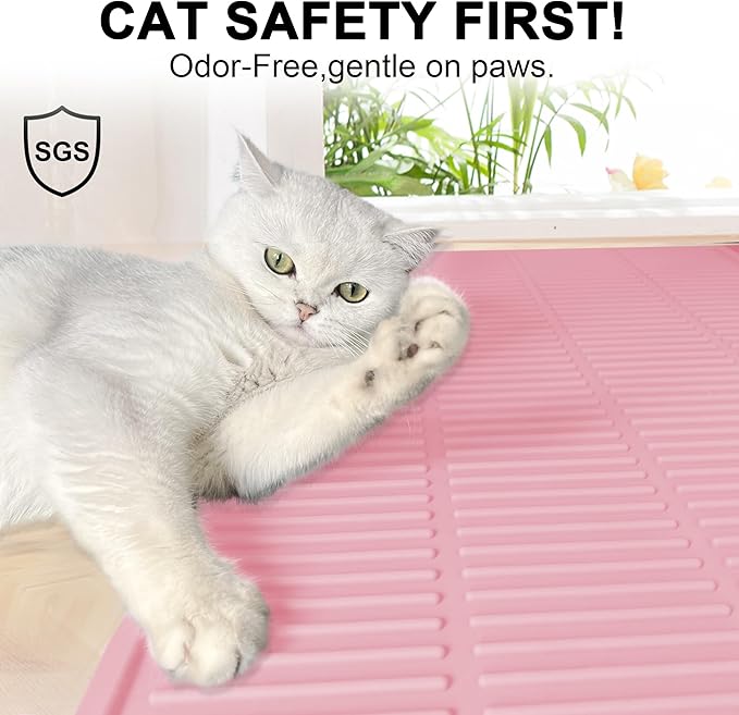 Extra Large Litter Mat: XL 39"x29" Silicone Waterproof Groove Design Litter Trapping Mat Easy to Clean for Multiple-Cats - Jumbo Non-Slip Cat Box Rug for Floor (Pink)