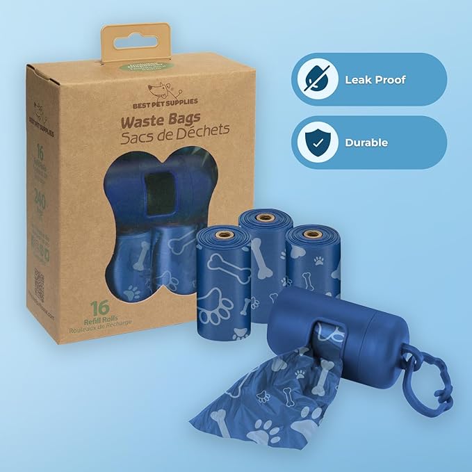 Best Pet Supplies Dog Poop Bags for Waste Refuse Cleanup, Doggy Roll Replacements for Outdoor Puppy Walking and Travel, Leak Proof and Tear Resistant, Thick Plastic - Loyal Blue, 240 Bags