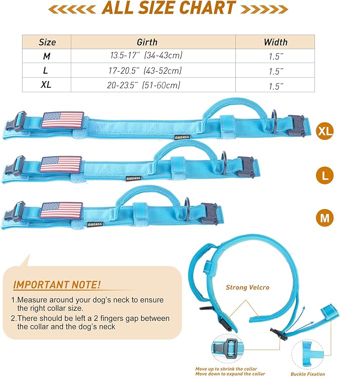 AUBELL Reflective Tactical Dog Collar,Adjustable Military Heavy Duty K9 Collars with Handle and Quick Release Metal Buckle Great for Large Dogs, with Airtag Case and 2 Patches (Blue,L)