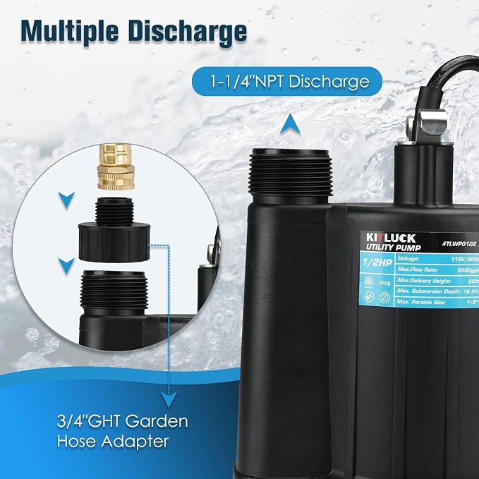 KITLUCK Submersible Water Pump, 1/2HP Thermoplastic Sump Pump, Portable Utility Pump with 10ft Cord, Hose Adapter, 2000GPH High Flow Water Removal for Swimming Pool, Garden Pond, Flood Basement, Tub