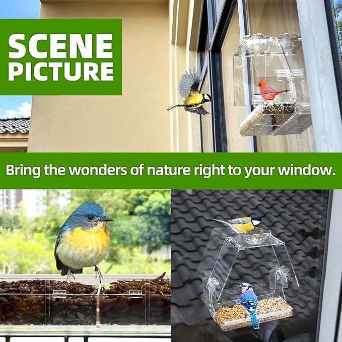 WENMIXER Window Bird Feeder with Non-Marking Self-Adhesive Hooks, Clear and Transparent, Outdoor Wild Bird Watching Gift, Garden Decor (with Large Window)