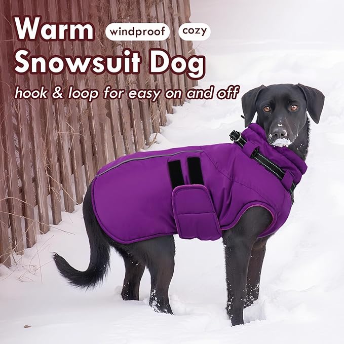Dog Coats for Medium Dogs, Waterproof Winter Coat with Harness Bulit in, Reflective Reflective Adjustable Hook&Loop Dog Snowsuit for Cold Weather Warm Snow Jacket, M Purple