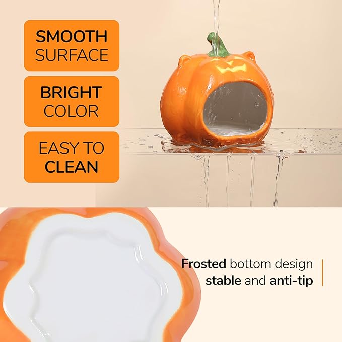 Pumpkin Shaped Ceramic Hamster Hideout - Small Pet House for Syrian Dwarf Hamsters, Gerbils, Mice, Rats