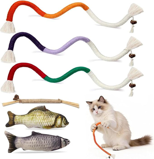 Goosheep Cat Toys 6Pcs with Chew Rope & Silvervine Sticks & Floppy Fish for Indoor Cats, Natural Dental Care Interactive Cat Catnip Toys for Chewing, Teething, Biting and Kicking