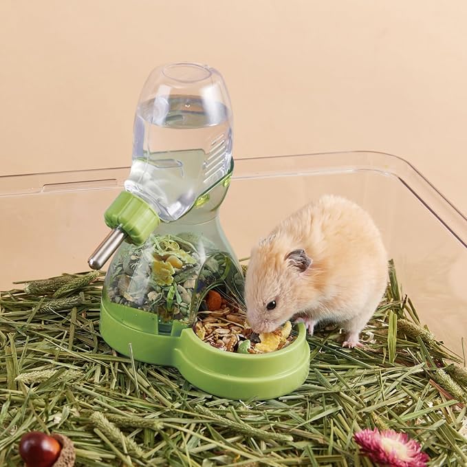 2 in 1 Hamster Water Bottle No Drip with Large Capacity Automatic Food Dispenser Small Animal Feeder for Syrian Dwarf Hamster Mouse Rat Degu (Green, 3oz)