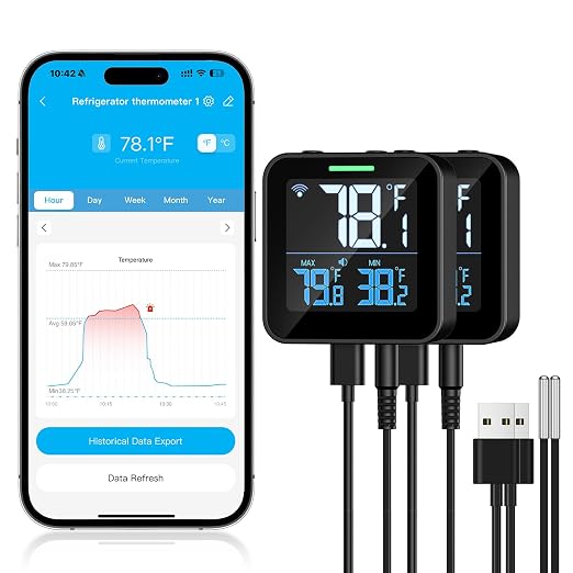 WiFi Refrigerator Thermometer, Freezer Alarm with LCD Display | Digital fridge monitor with app alerts & buzzer & indicator alarm, anti-false for kitchen, fish tank and hot tub, 2.4G Wi-Fi