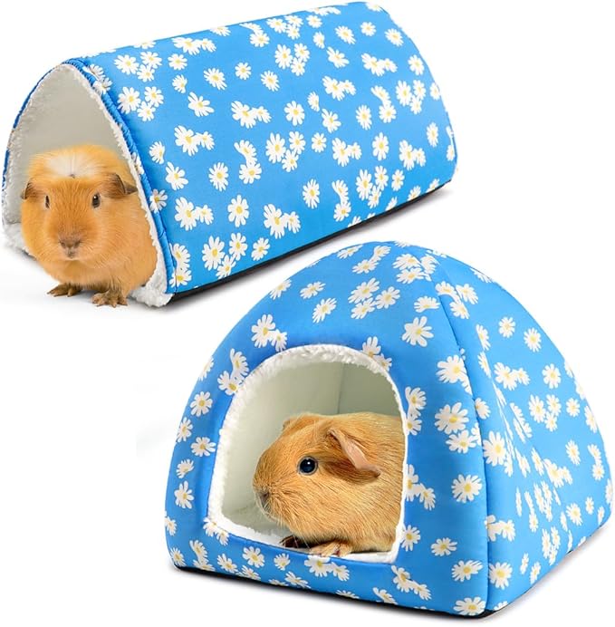 Guinea Pig House and Tunnel Set - 2 Pack Washable Guinea Pig Hideout Bed, Plush Small Animal Hide and Toy with Non-Slip Bottom for Ferret Dwarf Bunny