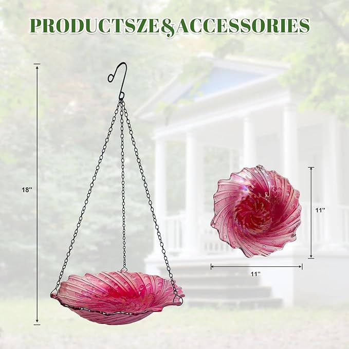 HONGLAND Bird Baths for Outdoors, 11" Pink Glass Birdbaths Outdoor Birdfeeder with Metal Stake