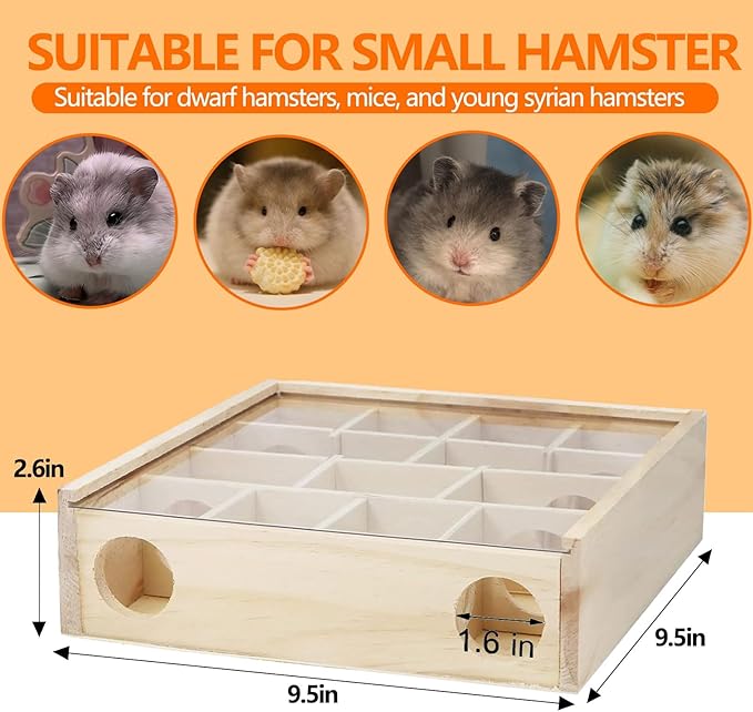 kathson Wooden Hamster Maze House with Transparent Cover,Multi-Chamber Syrian Hamster Hideout Hut,Gerbil Tunnel Exploring Toys Maze Hiding for Dwarf Hamsters,Mice,Small Animals