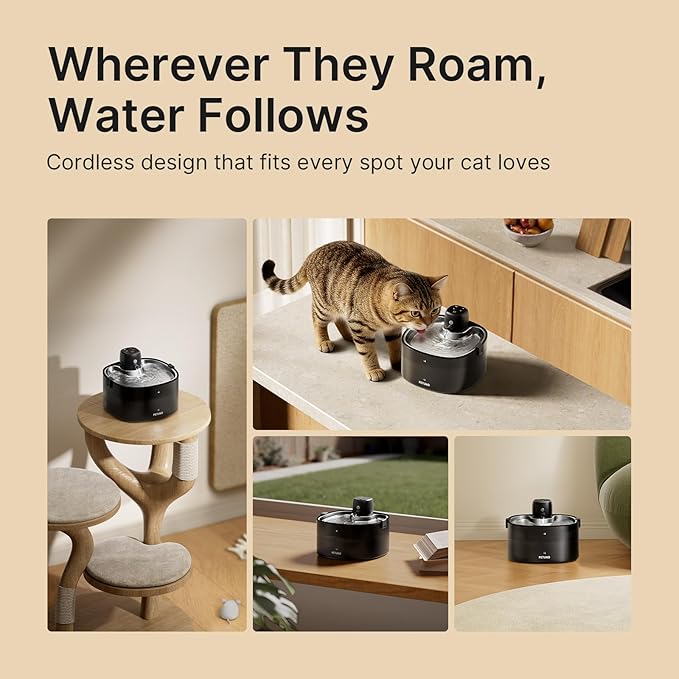 Wireless Cat Water Fountain, Cat Fountain Battery Operated, 78oz/2.3L Pet Water Fountain Cordless, 4000mAh Rechargeable Automatic Fountain with Motion Sensor, Ultra-Quiet Pump & Locking Lid, Silver