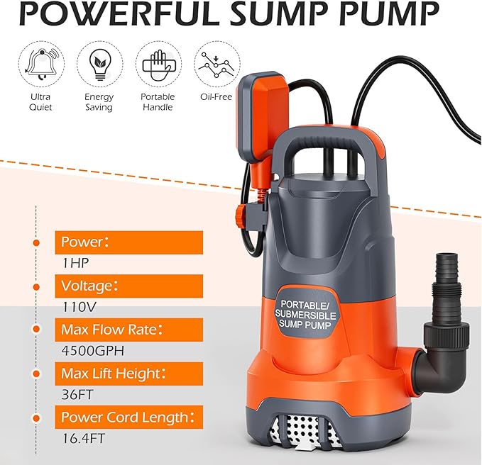 Sump Pump with Float 1HP Clean/Dirty Submersible Water Pump Electric 4500GPH for Pool Draining Spa Hot Tubs Ponds, Orange