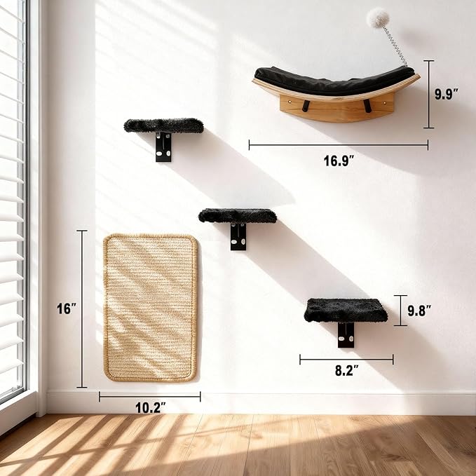 5 in 1 Cat Furniture Set with Soft Curved Pad，Modern Space-Saving Wall Mounted Shelves for Play & Rest