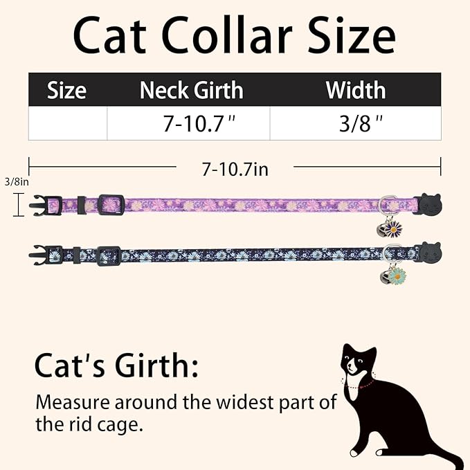Cat Collar Breakaway, 2 Pack Cotton Kitten Collars with Bells and Removable Charms, Cute Flowers Shaped for Indoor Boy, Girl and Adult Cats, Purple and Blue