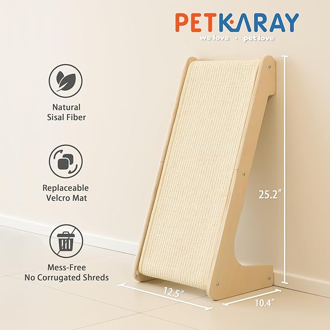 PETKARAY L Shape Cat Scratcher, Sisal Kitty Scratching Ramp, Vertical Scratch Pad for Indoor Cats, 25.2" Furniture Protector with Catnip, White