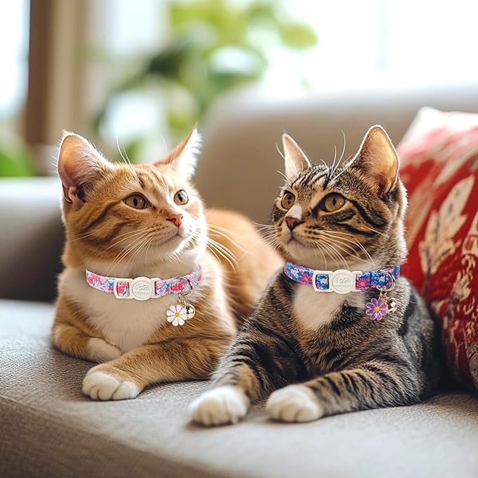 2 Pack Floral Cat Collars - Spring Summer Wildflower Breakaway Safety Cat Collars, Adjustable Soft Boy Girl Kitten Collar for Small Dogs Puppy, Cute Pet Collar with Bell & Pendant