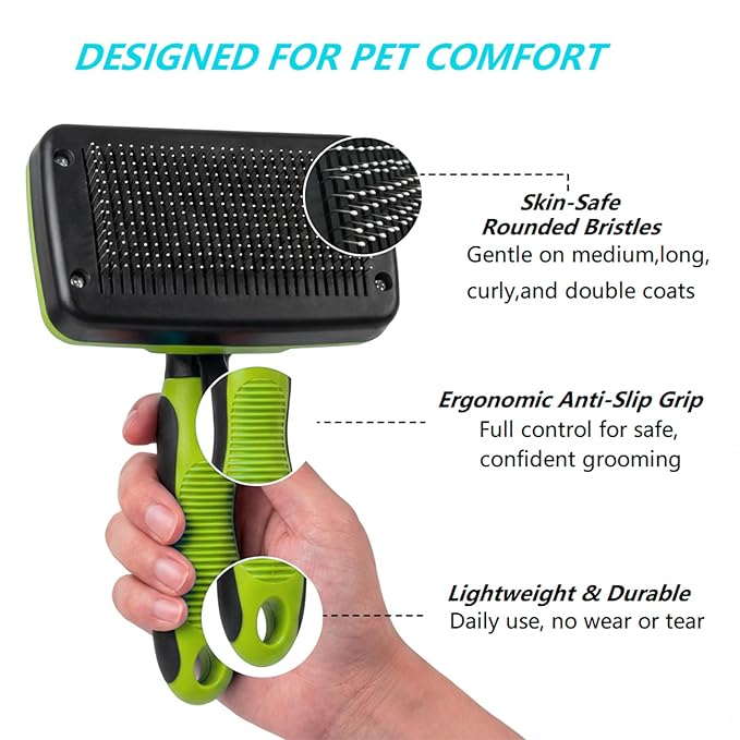 PETIMP STORE 4PCS Self Cleaning Slicker Brush, Pet Grooming Rake, Bath Brush & Massage Brush for Short/Long Haired Dogs, Cats & Horses, Pet Grooming Deshedding Tools - Pet Supplies (Green Black)