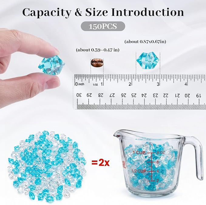 DOMESTAR Mixed Blue and Clear Fake Ice, 150 PCS Acrylic Crystal Vase Filler | Fake Diamonds for Table Centerpieces Wedding Party, Fish Tanks Decor Table Scatter DIY Craft Supplies Food Display