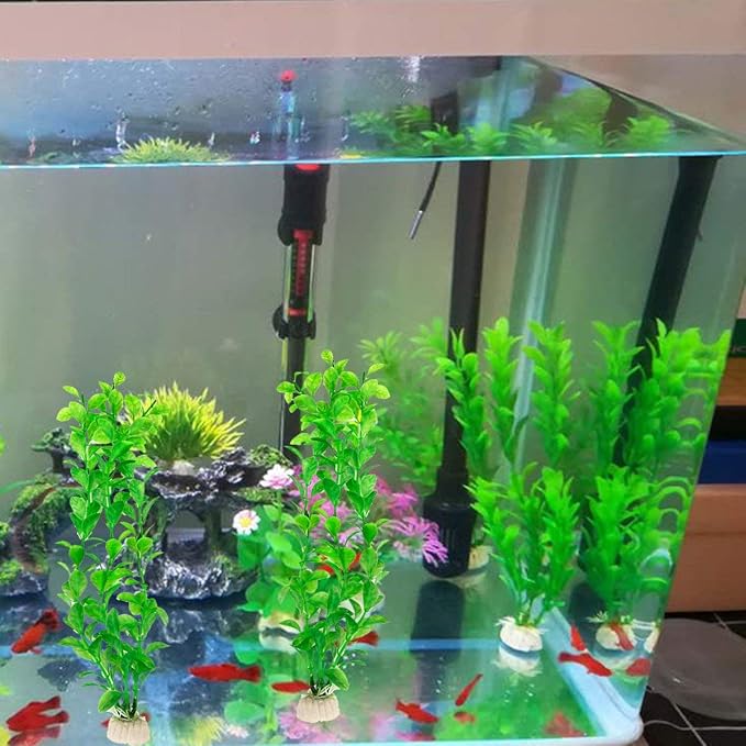 WAFJAMF 3Pack 10.6" Plastic Seaweed Water Plants for Aquarium Decorations | Non-toxic artificial green fish tank greenery with weighted ceramic bases for betta, turtle, and reptile habitats