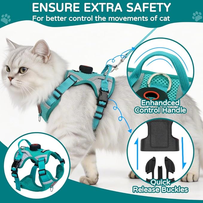 Cat Harness and Leash Set with Holder Compatible with AirTag, Escape Proof Kitten Harness with Lead for Small Cats, Soft Mesh Puppy Jacket Vest for Outdoor Walking, Reflective & Adjustable, Green, S