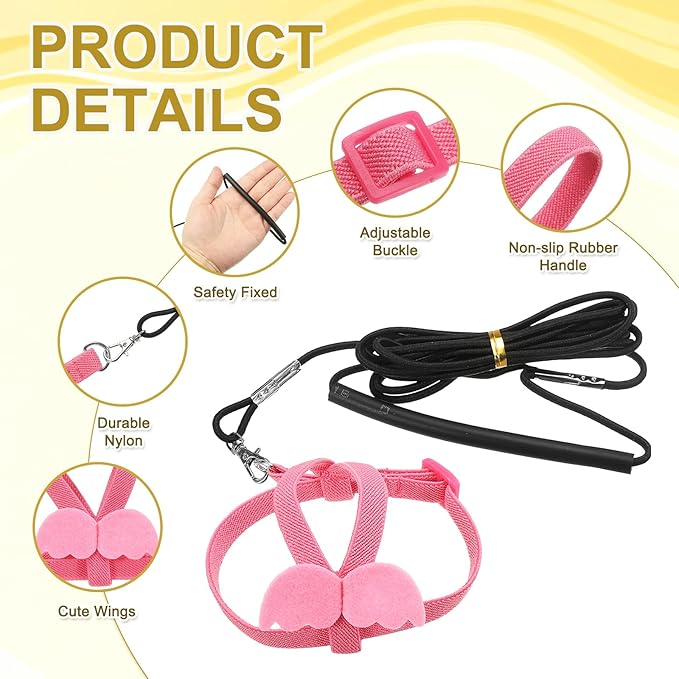 Bird Harness Leash, Adjustable Pet Parrot Bird Harness and Leash Lightweight Anti-Bite Flight Training Rope with Cute Wing, (Pink, L), Intended for Parrots/Pigeons/Budgies