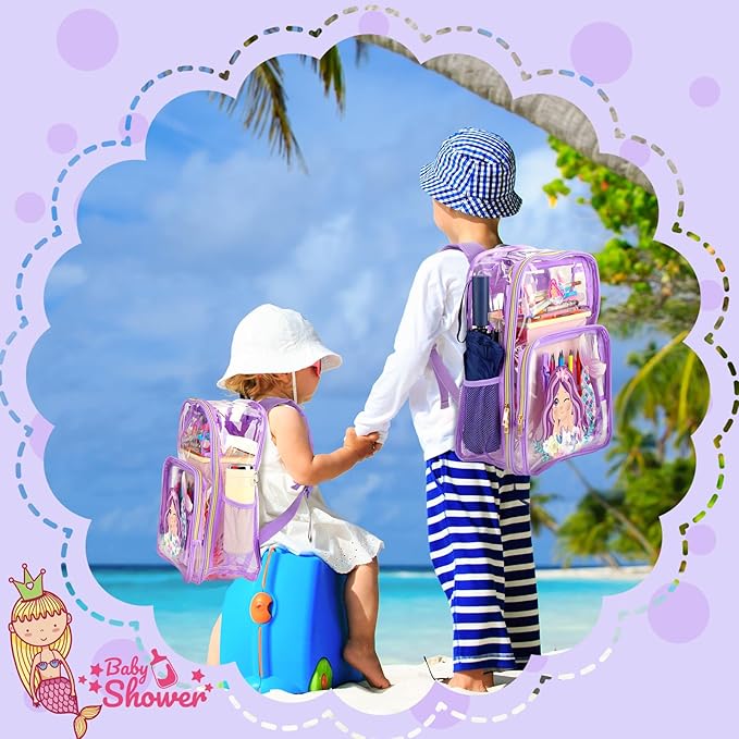 Kacctyen 3 Pcs Clear Backpack Heavy Duty Clear Stadium Bag Transparent Backpack with Lunch Bag(Purple,Mermaid)