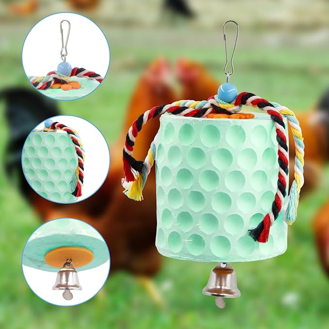 Oooct Large Chicken Chewing Toy, Chick Beak Grinding Calcium Stone with Bells, Chicken Coop Accessories, Cage Toys for Cockatiel Parakeet Parrot Budgies Rat Hamster Rabbit Bunny Green