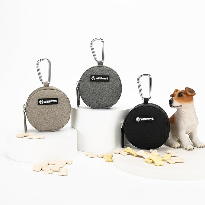 Dog Poop Bag Holder for Leashes- Dog Treat Pouch with Waterproof Zipper,Puppy Training Small Bag with Carabiner & Bungee Toggle,Two Pockets for Dry or Wet Treats-Pet Travel Walking Essentials (Black)
