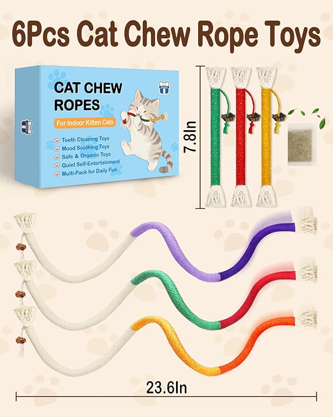 Cat Chew Rope Toys 6Pcs with Catnip, Indoor Cat Teething Toys for Kittens, Interactive Catnip Kitty Toys for All Breeds (Cats Chew Rope 6PCs)