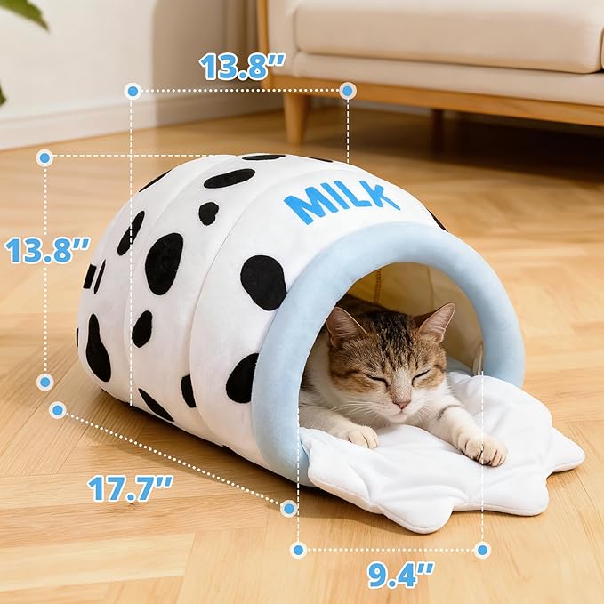 Milk Bottle Cat Cave Bed - Covered Cat Beds for Indoor Cats with Removable & Washable Cushion, Enclosed Kitten Puppy Hut, Cute Kitty Hideaway for Small Cats Dogs and Pet Breeds
