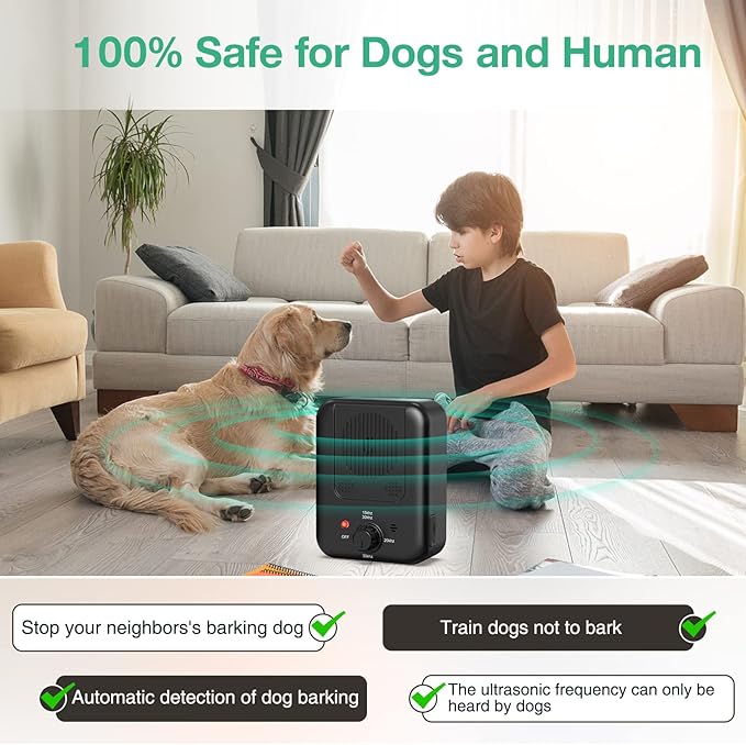 Queenmew Anti Barking Device for Dogs, 3 Modes Rechargeable Dog Bark Deterrent Devices, 30ft Effective Stop Bark Box with Adjustable Frequency & Range for Walking, Fit All Breeds&Size Dog