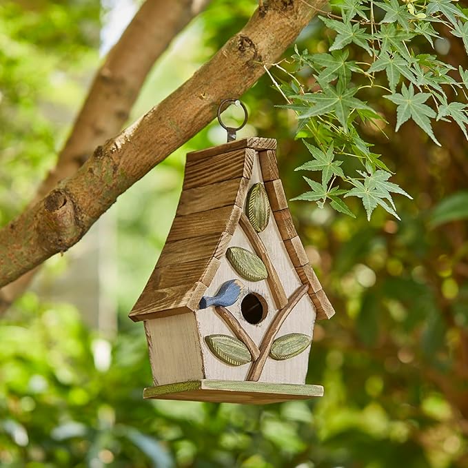 Glitzhome Bluebird House for Outside, 9.5" H Distressed Hanging Birdhouse Solid Wood Bird Houses for Outdoor, Decorative Birdhouse with Natural Wood Pallet Roof and 3D Tree for Garden,Washed White