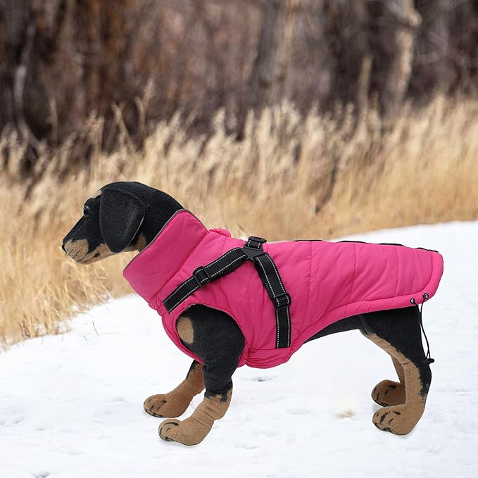 Geyecete Winter Warm Coat Waterproof Dog Winter Jacket with Harness Traction Belt,Pet Outdoor Jacket Dog Autumn and Winter Clothes for Medium, Small Dog-Pink-XS