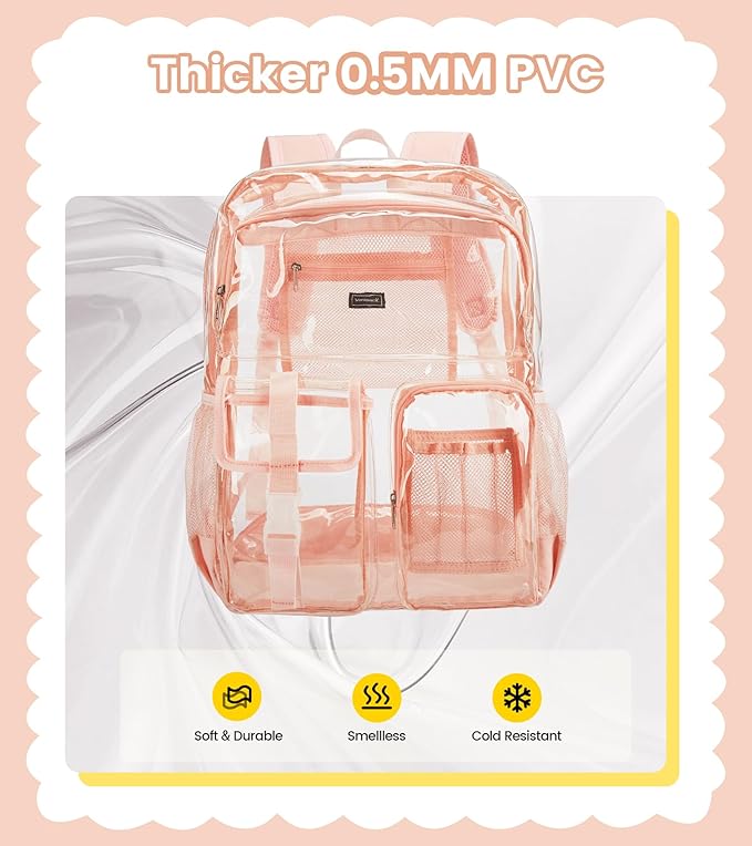 Vorspack Clear Backpack for School - Heavy Duty Transparent Bookbag for Girls Boys Extra Large See Through backpacks for Work, College, Travel - Pink