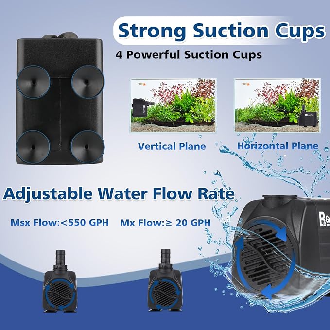 550GPH Submersible Water Pump(2000L/H 30W), Adjustable Ultra Quiet Fountain Pump with 4 Nozzles 7.2ft High Lift for Aquarium, Fish Tank, Pond, Waterfall, Outdoor, Hydroponics