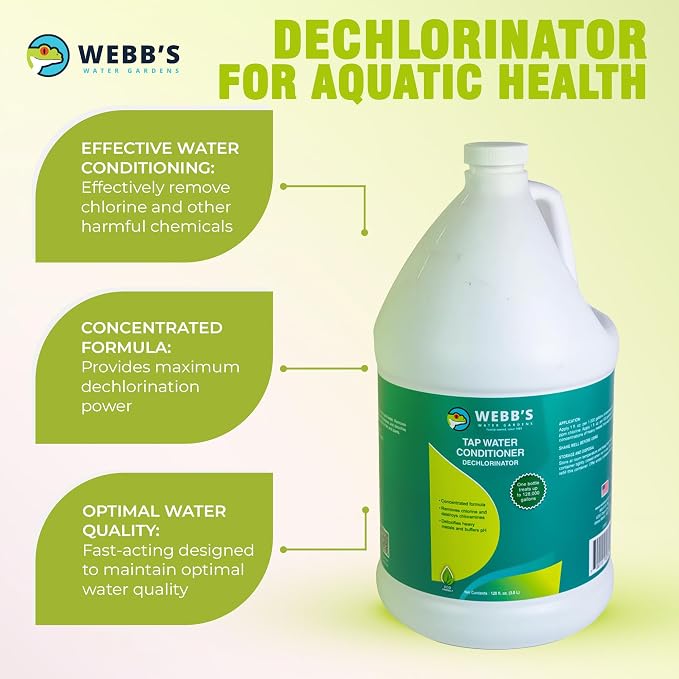 Webb's Water Gardens Essential Tap Water Conditioner Dechlorinator - Ideal for Ponds, Freshwater & Aquariums - Concentrated Formula for Dechlorinated Water - Liquid Supplies for Aquatic Pets - 1 gal