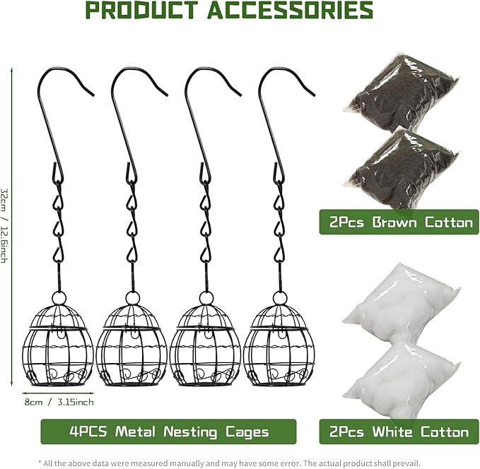 4PCS Bird Nesting Material Holder with 4PCS Nesting Cotton - Rust-Resistant Metal Hanging Nesting Balls for Outdoor Garden, Patio, Tree - Ideal for Hummingbirds, Finches, Canaries & Other Small Birds