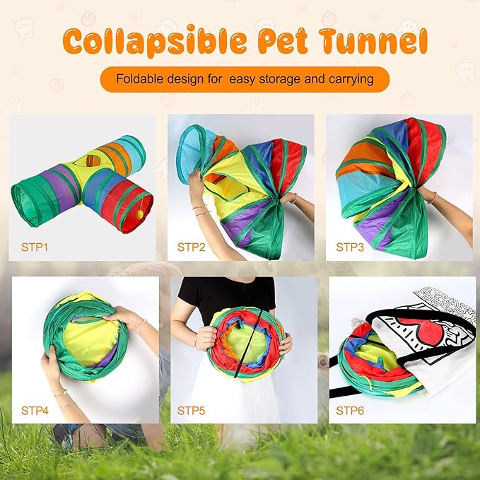 BWOGUE Bunny Tunnels & Tubes Collapsible 3 Way Bunnys Hideout Small Animal Activity Tunnel Toys for Dwarf Rabbits Guinea Pigs Kitty