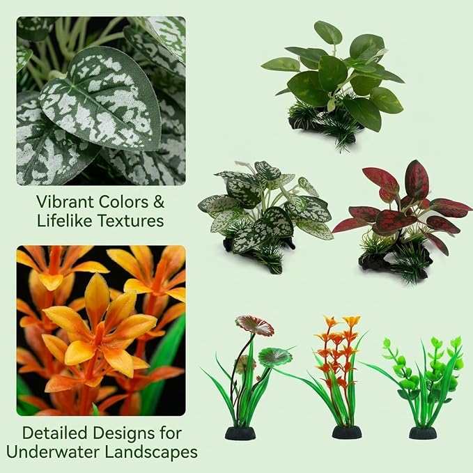 6PCS Silk Aquarium Plants, Underwater Decor Set for Fish Tanks, Silk Plants for Fish Tank, Goldfish, and Shrimp Habitats, Silk Plant Collection with Driftwood and Leaf Varieties