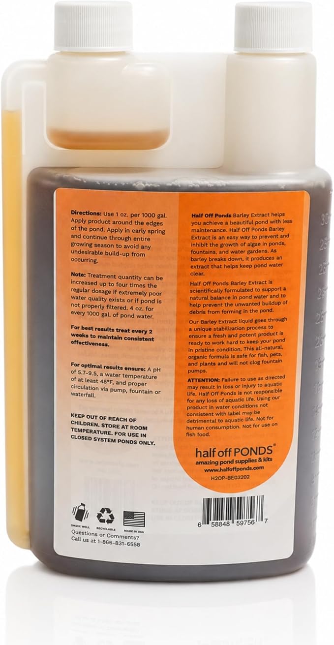 Barley Extract Pond Treatment for Clear Water & Natural Balance, 32 oz | Barley extract formula, helps reduce algae growth, promotes clear water, fish and plant safe, supports balanced pond health