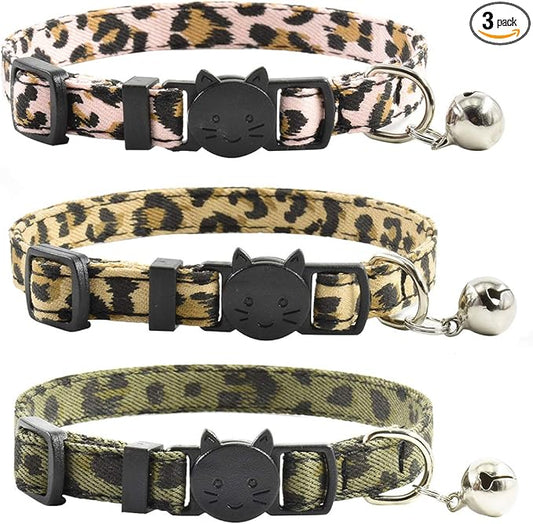 Breakaway Cat Collars with Bell, Set of 3, Durable & Safe Cute Kitten Collars Safety Adjustable Kitty Collar for Cat Puppy 7.5-11in (Leopard)