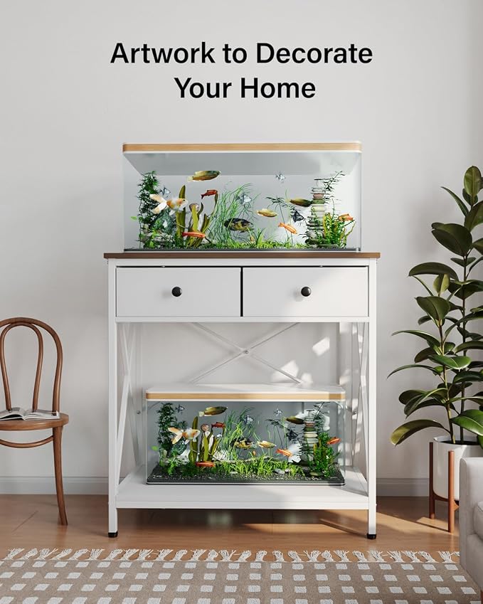 Fish Tank Stand with Drawer,20-29 Gallon Aquarium Stand Easy Assemble | Stable Metal Frame, 2-Tier Breeder Reptile Terrarium Stand Fits Office Home,30.7"x16.5" MDF Tabletop, 330lbs Capacity, White
