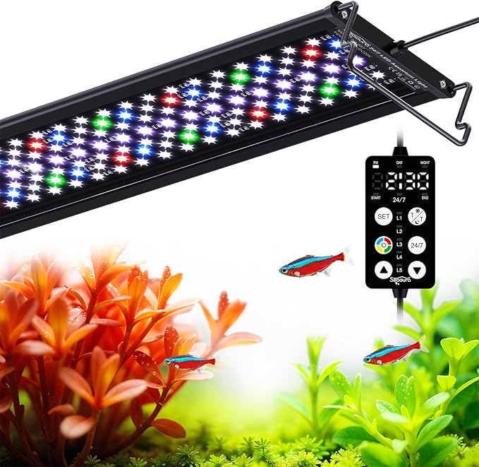 SEAOURA Aquarium Light for Fish Tank, 24/7 Custom Timer, Power-Off Memory, 7-Row LED 24-30in Full Spectrum Fish Tank Lights, 8 Colors, 20 Brightness, Day&Night Cycle, Adjustable Mount for Freshwater