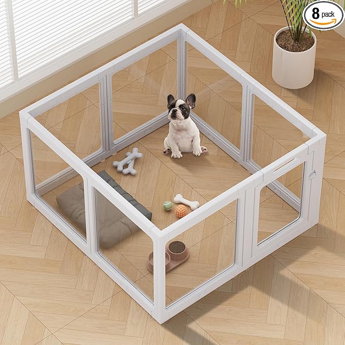 Clear Acrylic Dog Playpen Indoor, Puppy Cat Small Pet Play Pen, Pet Cat Playpen for Rabbits, Dog Fence Crate Kennel Whelping Cage (Grey, 8 Panel)