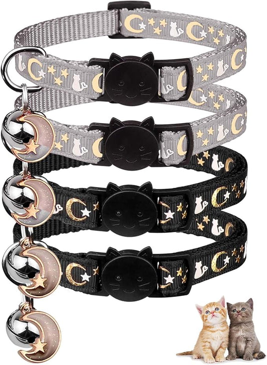 4PCS Cat Collar with Bells,Breakaway Cat Collars,Moons Stars Cute Kitty Adjustable Safe Kitten Collars Pendant Glow in The Dark,Cat Collars for Boy Cats 8.0-13.0 Inch(2 Black & 2 Grey)