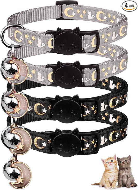 4PCS Cat Collar with Bells,Breakaway Cat Collars,Kitten Collar with Bell Moons Stars Cute Kitty Safe Kitten Collars with Pendant,Cat Collars for Boy Cats 6.9-10.7 Inch(2 Black & 2 Grey)