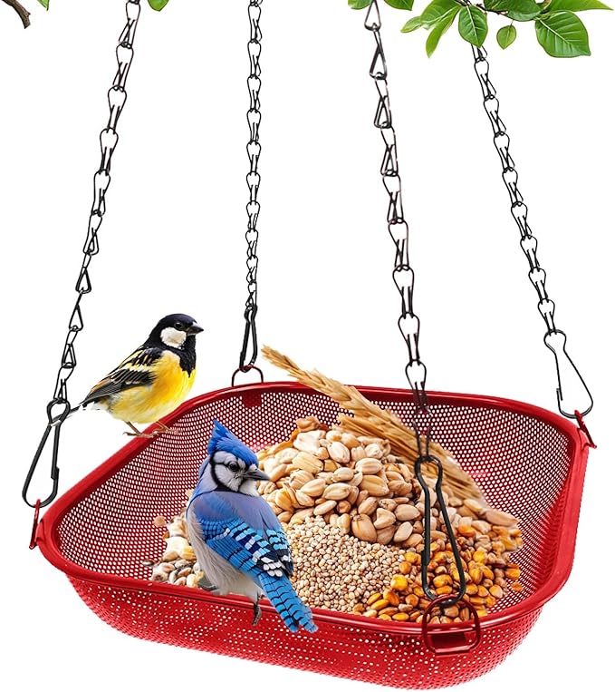 Hanging Bird Feeder for Outdoors – 11 in Square Metal Mesh Bird Feeder Tray Platform for Wild Birds, Red