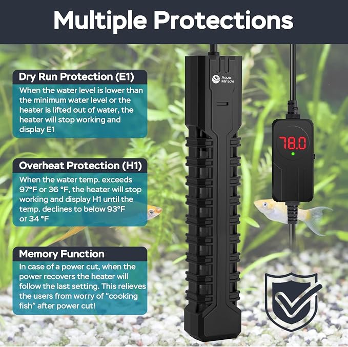 AquaMiracle Aquarium Heater, 500W Submersible Fish Tank Heater with LED Digital Display, Overheat Protection & Auto Power-Off When Out of Water, for Freshwater and Saltwater Fish Tanks (75-150 Gal)